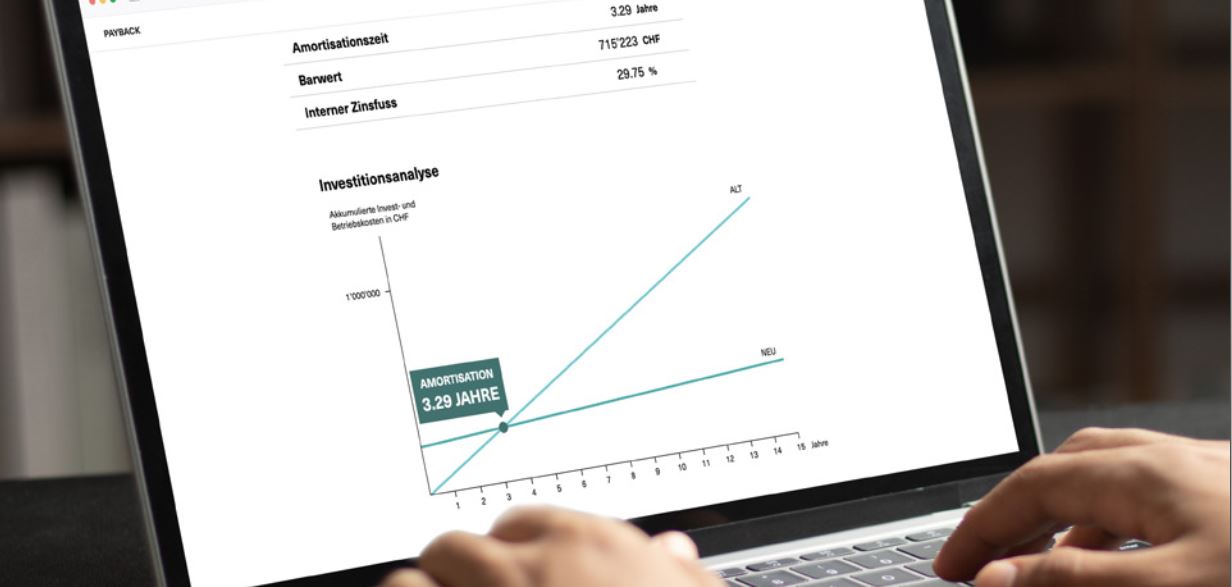 Paybackrechner auf Laptop zeigt Amortisationskurve an