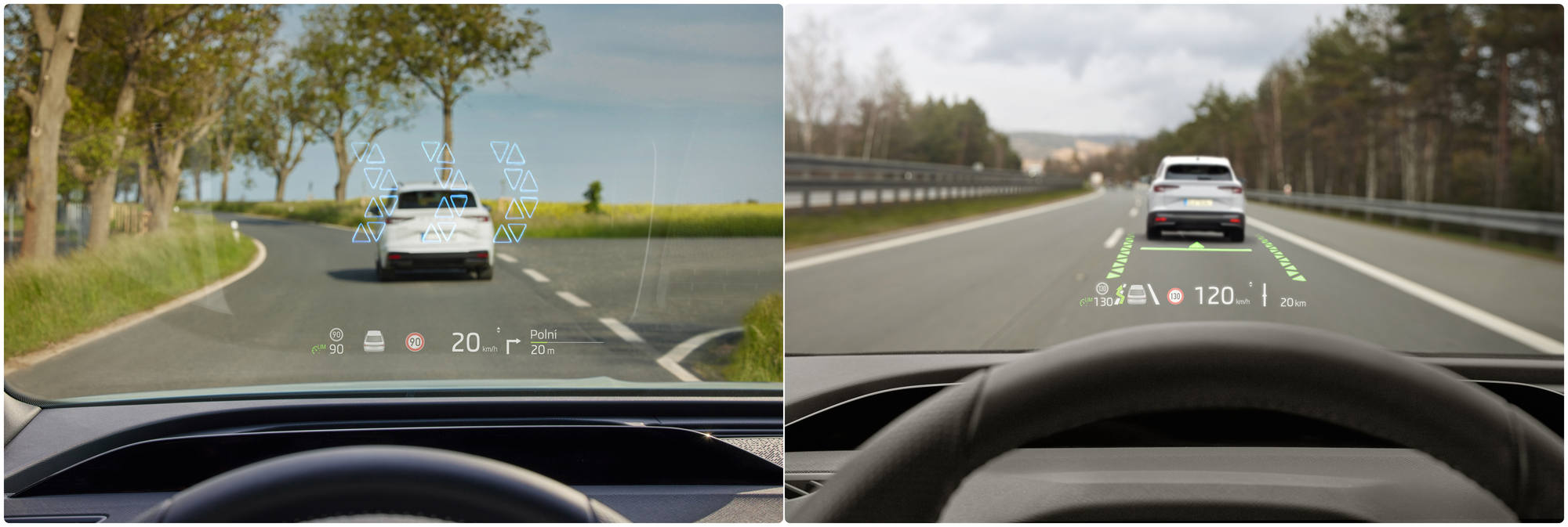 Das Head-up-Display ergänzt das serienmässige, 5,3 Zoll grosse Display des Digital Cockpit und bietet im Enyaq iV erstmals bei Škoda Augmented Reality.
