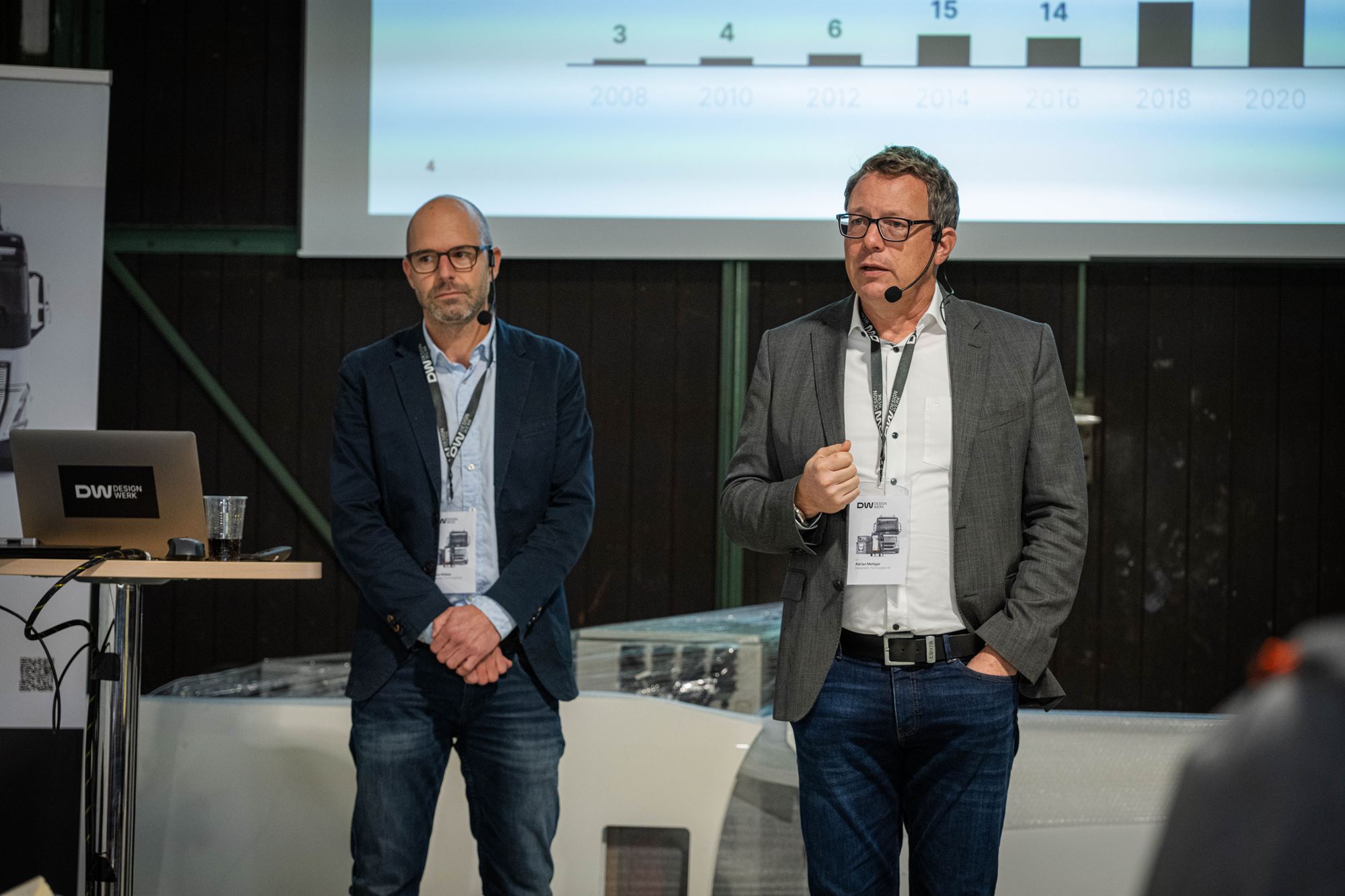 Tobias Wülser (l.), Gründer von Designwerk, und Adrian Melliger (r.), CEO, eröffneten die Veranstaltung in Winterthur. Tobias Wülser (l.), Gründer von Designwerk, und Adrian Melliger (r.), CEO, eröffneten die Veranstaltung in Winterthur.