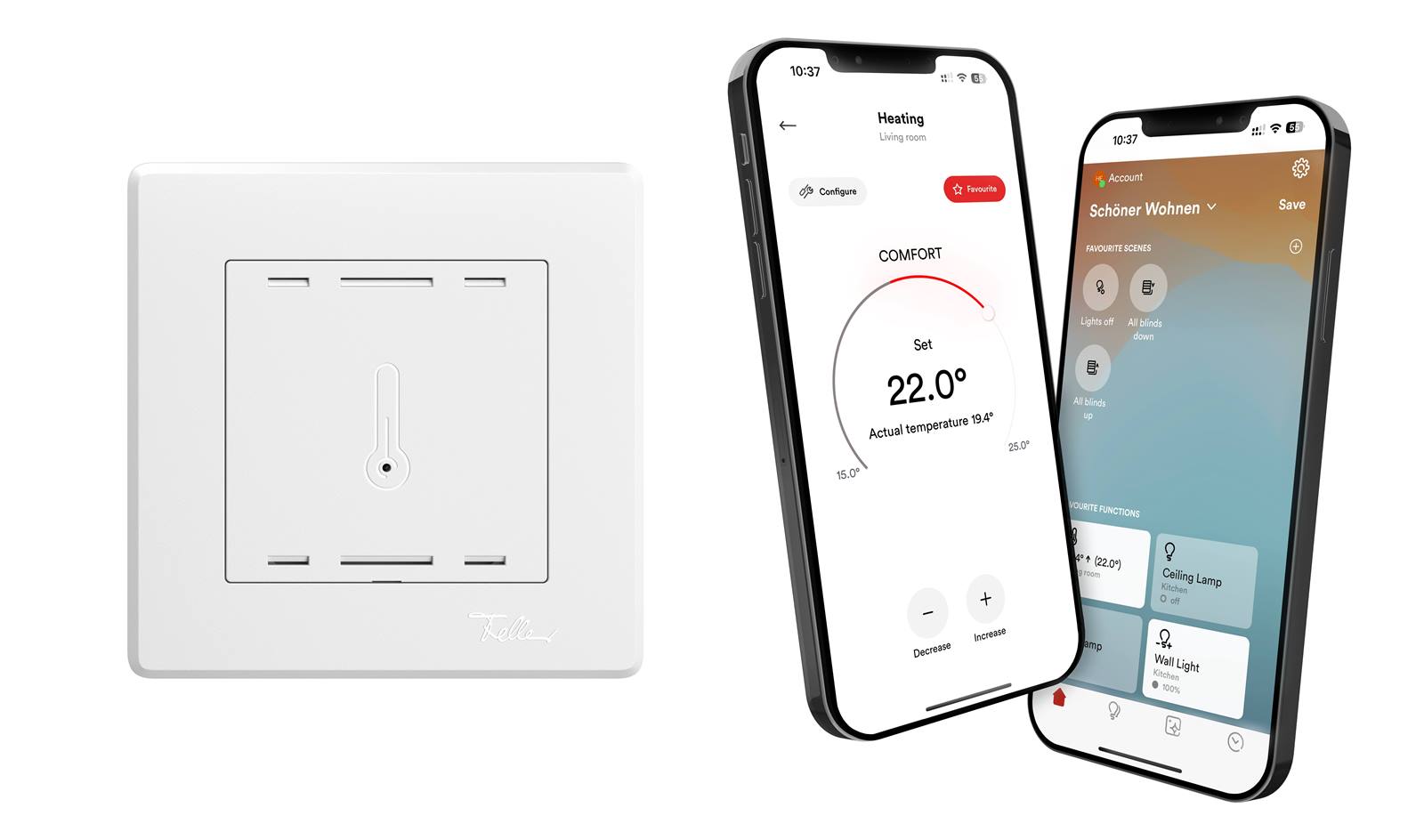 Mit Wiser by Feller lässt sich unter anderem die Raumtemperatur regeln. Mit Wiser by Feller lässt sich unter anderem die Raumtemperatur regeln.