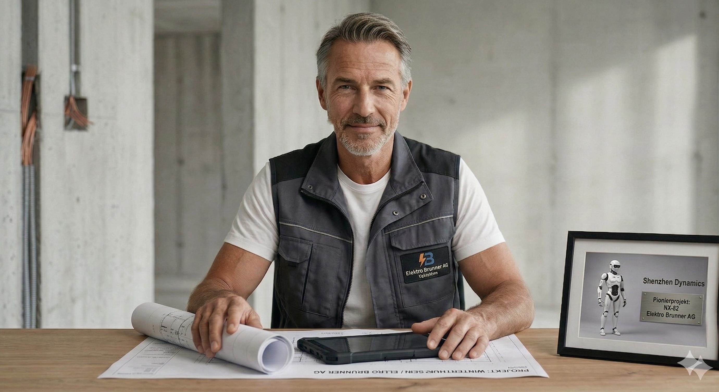 Zufriedener Thomas Brunner, Geschäftsführer der Elektro Brunner AG in Winterthur. Die beiden humanoiden Roboter haben zwar 280'000 Franken gekostet, aber die rechnen sich locker